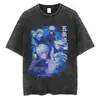 Streetwear Japonês Masculino Vintage Lavado Preto Camiseta Anime P