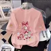 Foto Real de Camiseta Infantil de Manga Curta 100% Algodão, Novo Estilo de Verão para Meninas Mais Velhas, Fofa Camiseta Top de Meia Manga com Desenho