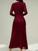 Novo Estilo de Comércio Exterior Elegante e Sexy Moda Slim-Fit Decote em V Profundo Franzido Cor Sólida Elegante Vestido de Noite Vestido de Manga Longa para Mulheres