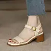 Sandalias Retro de Tacón Grueso para Mujer Verano 2026, Zapatos de Piel Suave sin Espalda con Velcro de Tacón Medio para Commuter, Punta Abierta