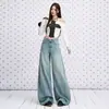 Jeans Feminino Cross-border Azul Profundo Linho Prata Estampado a Quente Cintura Alta Com Pelúcia Interna Novo Estilo Outono/Inverno 2026 Emagrecedor Casual Solto