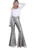 Pantalones Acampanados con Lentejuelas Láser Iridiscentes, Pantalones de Campana de Cintura Alta Estilo Disco Retro, Pantalones Largos para Actuación en Escenario