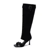 Botas de Verano Transfronterizas de Comercio Exterior para Mujer, Botas de Caña Alta con Punta Abierta, Botas de Moda Arrugadas con Hebilla y Correa, Sandalias de Caña Larga