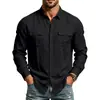 26 Camisa de Lino para Hombre de Manga Larga Casual con Múltiples Bolsillos y Cuello de Solapa, Sitio Independiente de Comercio Exterior Transfronterizo, Primavera y Otoño