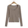 672-24 Invierno Nuevo Estilo Europeo y Americano Pure Spice Girls Sexy Escote Bajo Cuello en V Pequeño Ajustado Manga Larga Camiseta de Soporte