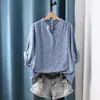Elegante Camisa de Algodón de Gasa Transpirable, Estilo Verano, Manga Murciélago, Ajuste Delgado, Versátil, Manga Tres Cuartos para Mujer