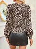 Top de Venta Caliente Transfronterizo con Adorno de Encaje y Mangas Largas, Camiseta Elástica Ajustada para Mujer con Estampado de Leopardo, Cuello en V, Camiseta Básica Sexy