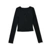 Camiseta feminina sexy com gola quadrada e costura de renda, manga comprida, nova camisa slim fit de cintura curta para outono