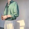 Abstinência Coreia do Sul INS Elegante Retrô Drapeado Não precisa passar Verde Branco Camisa Masculina e Feminina Manga Longa Duffy Bonito Versão Coreana Solta