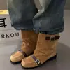 Botines Retro de Gamuza Maillard 2026 para Mujer con Doble Hebilla de Caña Media Botas Vaqueras Occidentales Botines Cortos