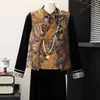 Novo Estilo Chinês Outono Roupa de Mãe Conjunto de Três Peças de Veludo Dourado Colete Jacquard Retrô com Botão de Sapo Roupa Externa Feminina Primavera Outono Terno de Estilo Nacional