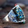 Anillo de Dzi de Nueve Ojos Estilo Tibetano para Hombres y Mujeres Patrón Dapeng de Becerro Anillo Retro Índice con Mantra de Seis Caracteres