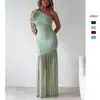 Em Estoque 2025 Estilo Europeu e Americano Transfronteiriço Outono e Inverno Vazado Ombro Único Babado Moda Vestido de Renda 68877