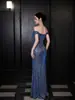 Vestido de Noche Lentejuelas de un Hombro para Mujer, Ceñido a la Cintura, Fruncido, Abertura Alta, Largo, Estilo Sirena, Anfitrión de Reunión Anual, Vestido de Banquete
