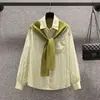 Top Rayado de Manga Larga Holgado, Camisa de Primavera para Mujer, Abrigo de Media Manga, Elegante y a la Moda Camisa Chal