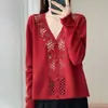 Cardigan 100% Lã Novo Outono e Inverno 2026 para Mulheres com Gola V Crochê Vazada Suéter Versátil Casaco Solto