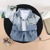 Traje de Verano para Niños 2026 Nueva Moda Ropa de Verano de Manga Corta para Bebé Conjunto de Tres Piezas de Mezclilla de Manga Corta para Niños