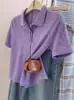 Camisa Polo Feminina Roxa de Alta Qualidade Estilo Coreano Verão Seda Gelada Manga Curta Top Simples Feminino A10822