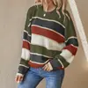 Suéter largo de punto para mujer, cuello redondo, rayas, bloques de color, estilo casual holgado, otoño e invierno, producto de venta caliente en el extranjero, comercio exterior