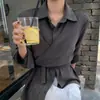 Camisa de Pana Vintage de Moda con Tiras Cruzadas de Dongdaemun, Corea, de Longitud Media y Manga Larga, Corte Entallado