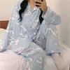 Pijama Nuevo de Primavera y Otoño para Mujer Pantalones de Manga Larga Cárdigan Estilo Coreano Dulce Fresco Ropa de Casa para Estudiantes Traje Largo Doble