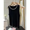 Top de tirantes blanco para mujer, nuevo, corte ajustado, tejido fino de seda helada, decoración de cuentas, cuello redondo, sin mangas