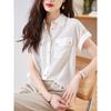 Ropa de Trabajo para el Lugar de Trabajo Polo Versátil con Solapa Camisa para Mujer Estilo Francés Corte Holgado Adelgazante Blanco Manga Corta Top de Chifón Verano