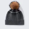 Gorro jacquard de bloques de color a rayas, grueso y cálido, versátil, gorro 100% cachemira pura para mujer, gorro de punto para exteriores con pompón