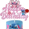 Decoração de Bolo Stitch Lilo e Stitch Glitter Bandeira e Cartão de Feliz Aniversário Decoração de Aniversário