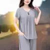 Conjunto Casual para Casa Duas Peças Blusa de Manga Curta Calça Cropped Calça Reta Cintura Elástica Verão Novo Tamanho Grande Mulheres