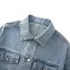 Fotos reales de chaqueta vaquera corta en stock para mujer, top azul vaquero holgado de otoño, prenda de abrigo