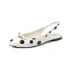 Zapatos planos elegantes de cuero genuino con puntera redonda y estampado de lunares, con tira trasera, estilo dulce de princesa, diseño con lazo calado y puntera cerrada, sandalias de moda