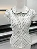 Camisa Branca com Bolinhas Doces e Frescas de Verão com Mangas Bufantes Curtas, Colete Feminino Estilo Francês Estilo Coreano, Top que Marca a Cintura com Gola Peter Pan