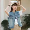 Chaleco de Moda Retro Europeo con Cuello Alto de Mezclilla 2025 Primavera y Otoño Ajustado Ropa de Abrigo Modelo Nuevo en Stock Azul