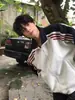 Jaqueta com Costura de Cor Contrastante Três Listras Masculina Outono Retro Americano Jaqueta Esportiva Moletom Cleanfit Manga Raglã