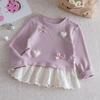 Camiseta de Manga Longa para Meninas Primavera e Outono Nova Roupa Doce Infantil Estilo Coreano Camiseta Básica com Renda e Laço