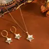 Nuevo Conjunto de Collar con Colgante de Estrella Blanca y Pendientes, Único y Lindo Conjunto de Estrella de Cinco Puntas Sol Luna Borla Pedrería para Mujeres