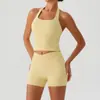 Conjunto de Sutiã Esportivo de Manga Curta com Gola Halter e Bolso para Corrida e Yoga Calça Longa e Curta para Mulheres