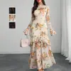 Nuevo Vestido Negro Estampado Europeo y Americano Manga de Hoja de Loto Estampado de Plantas y Flores Vestido de Nicho Vestido Largo de Vacaciones para Mujer