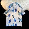 Camisa Floral Antigua Vintage de Cuello Cubano para Hombre y Mujer Diseño Holgado Estilo Hong Kong Moda para Parejas Playa Manga Corta