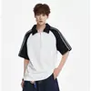 Camiseta Nasa Color Block Listrada com Meio Zíper e Manga Curta para Homem, Gola Reversível de Verão, Modelagem Solta, Top Estiloso e Moderno
