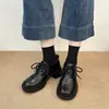 Sapatos estilo faculdade, sapatos de couro de salto alto para mulheres, versáteis retrô bico redondo salto grosso com cadarço sapatos britânicos de salto médio
