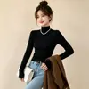 Nueva camiseta interior térmica de otoño e invierno en color liso, cálida y adelgazante, de manga larga, cuello semi-alto, camiseta interior para mujer