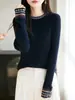 Suéter Delgado Jacquard de Cuello Redondo Estilo Étnico para Mujer Otoño e Invierno Combinación de Colores Retro Camisa de Capa Inferior Top Tejido de Punto de Manga Larga