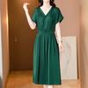 Vestido para Madre de Mediana Edad y Anciana para Mujer 2025 Nuevo Verano Cuello en V Cubre Vientre Adelgazante de Cintura Aspecto Seda Drapeada Falda Larga