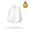 2026 Invierno Nuevo Camiseta Casual para Hombre Peso Pesado Algodón 350g Cuello Henley Con Terciopelo Interior Holgada Talla Grande Camiseta Hombre