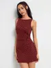 Vestido Curto Elegante Retrô de Bolinhas sem Mangas Estilo Europeu e Americano para Mulheres, Decote Canoa de Alto Padrão, Ajuste na Cintura, Emagrecedor, Linha A