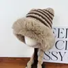 Gorro de Felpa Estilo Coreano con Rayas, Gorro Pullover Grueso de Doble Capa, Tejido Cálido Protector de Orejas, Gorro de Moda Tendencia de Piel Sintética de Visón para Mujer