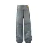 N9746 Calle Principal Americana Unisex Retro Gama Alta Patrón Bigotes de Gato Diseño Lavado Rey de la Vaca Jeans Sueltos para Hombre