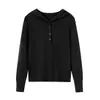 Novo top canelado versátil de cor sólida para outono feminino com gola henley e capuz 13183